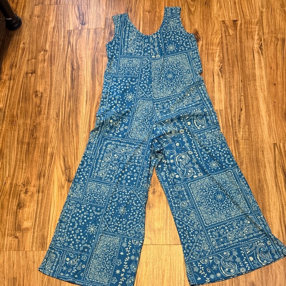 LuLaRoe women’s XS romper jumper Blue cream Paisley Patchwork Wide-Leg Jumpsuit